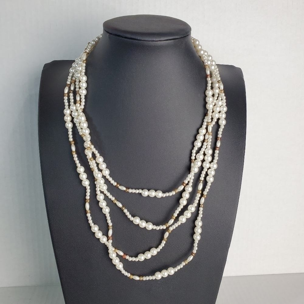Faux White Pearl Multilayer Gold Colored Accent Beads Necklace Jewelry